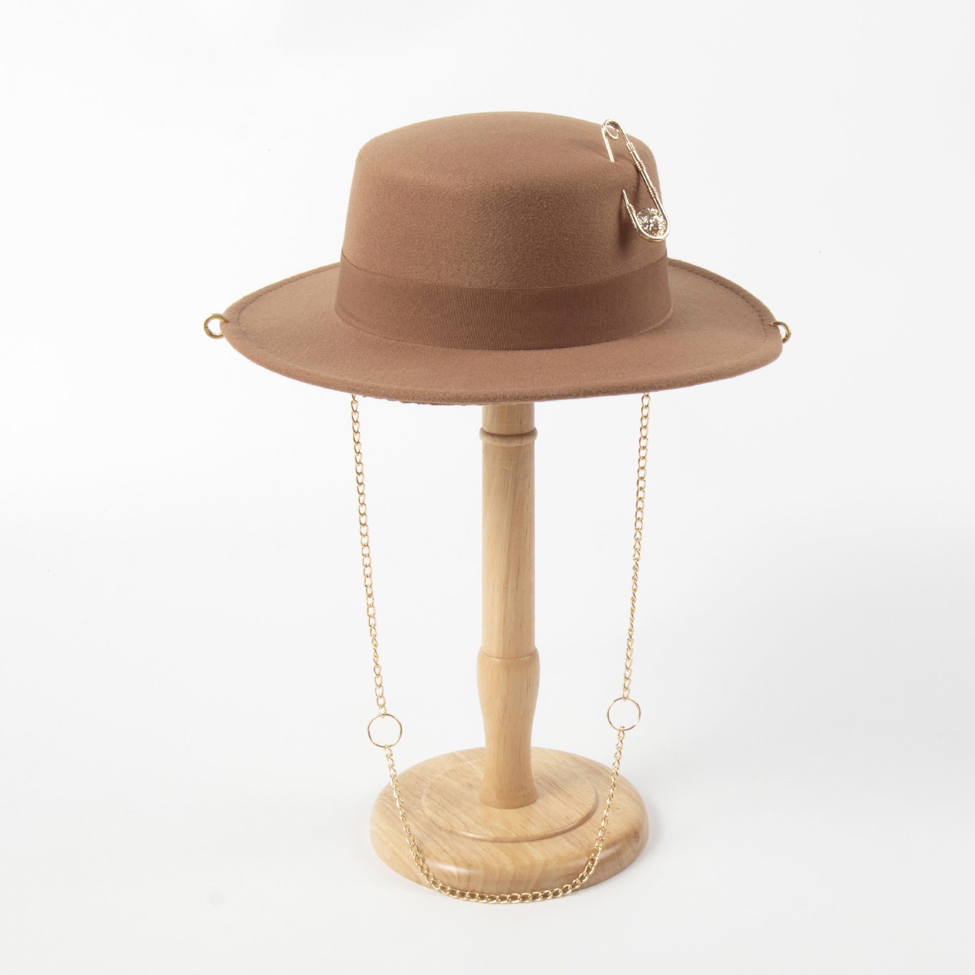 Handmade Woolen Flat Top Women’s Felt Cap with Pin Chain Decoration