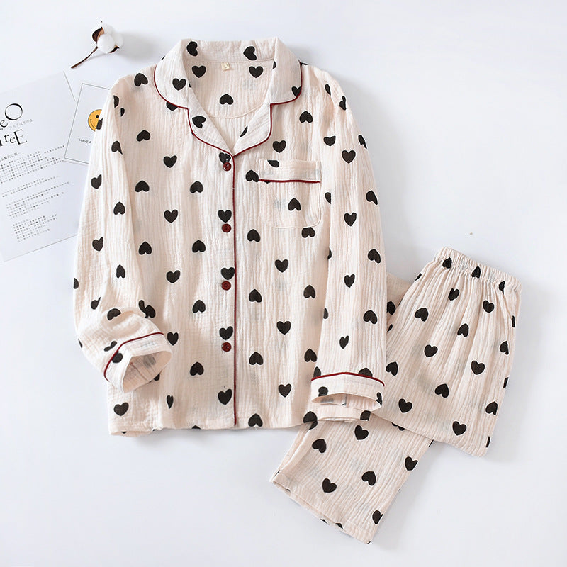 Women's Double Layer Cotton Pajamas Heart Print Homewear