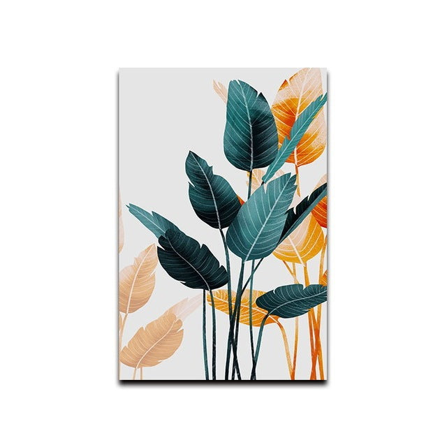 Tropical Plant Wall Art – Simple Green & Gold Leaf Oil Painting Canvas Decor