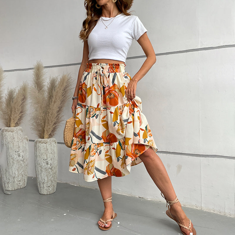 Boho Chic Women’s Floral Tiered Midi Skirt – Flowy A-Line Elastic Waist Summer Skirt