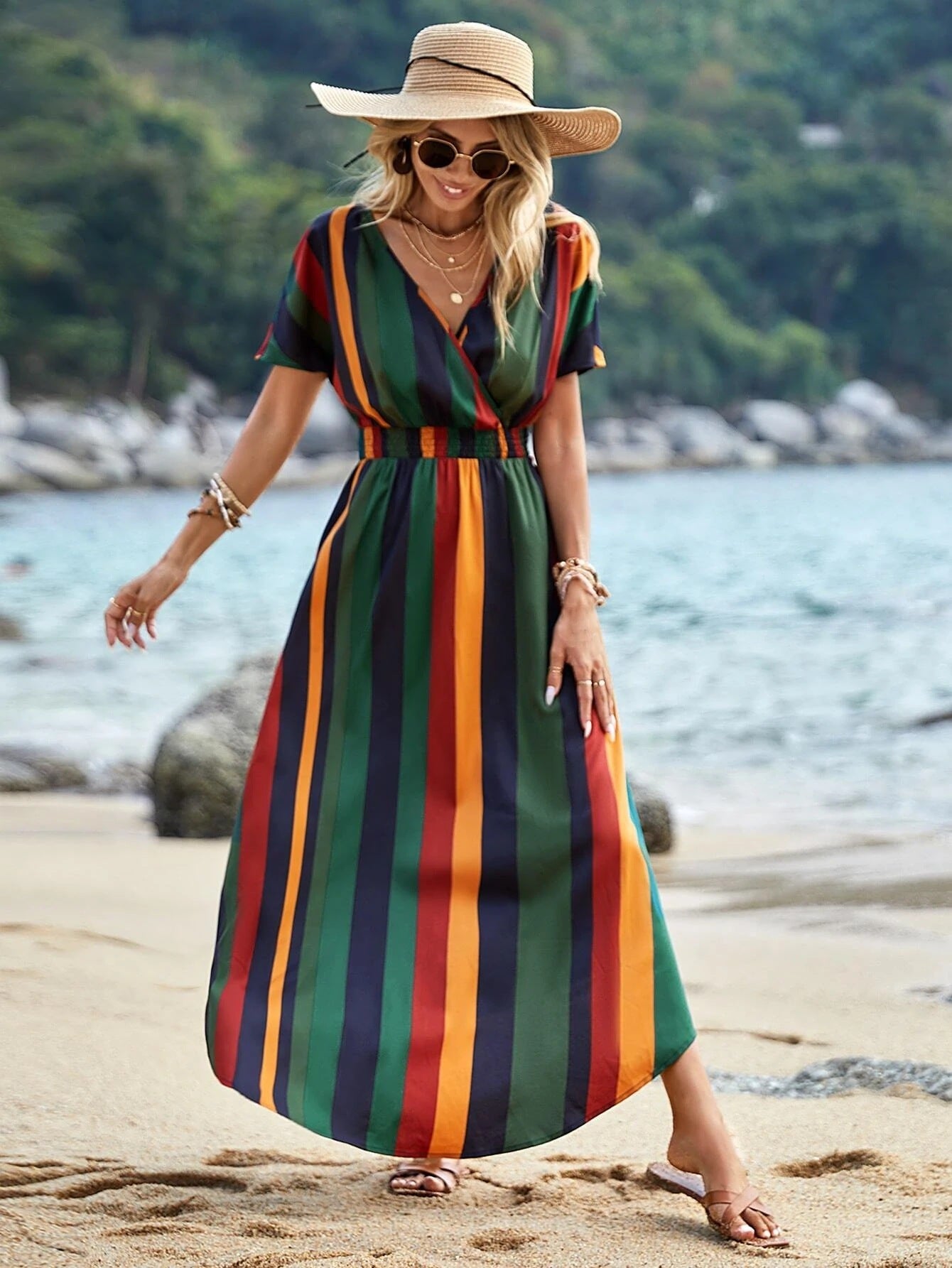 V-collar Contrast Color Striped Short Sleeve Holiday Waist Trimming Printing Maxi Dress