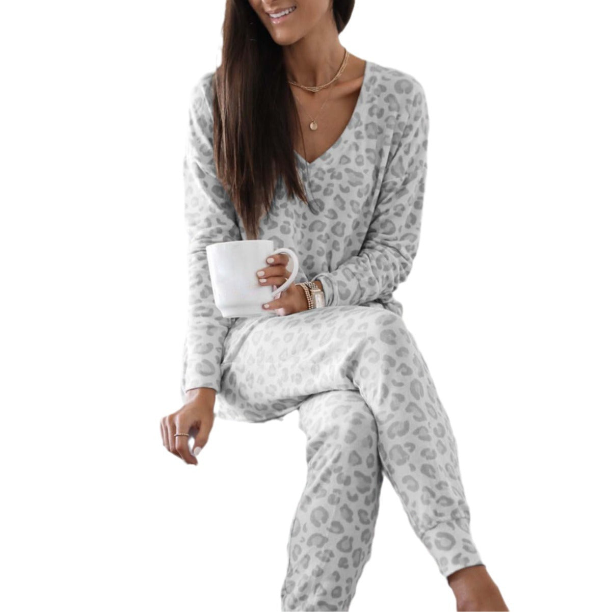 Womens Leopard Print Pajama Set Relaxed Fit Polyester