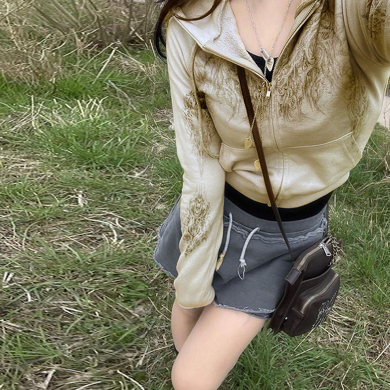 Offset Design Fashion Slim Short Hoodie Women