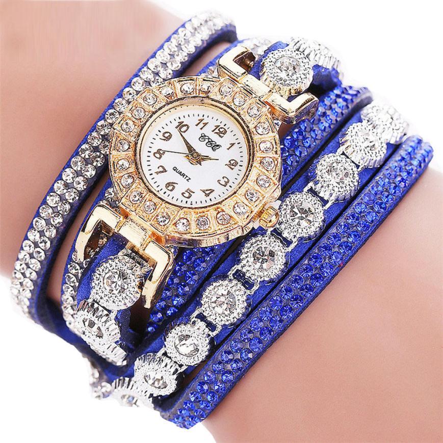 Fashion Luxury Women's Quartz Rhinestone PU Leather Bracelet Watch