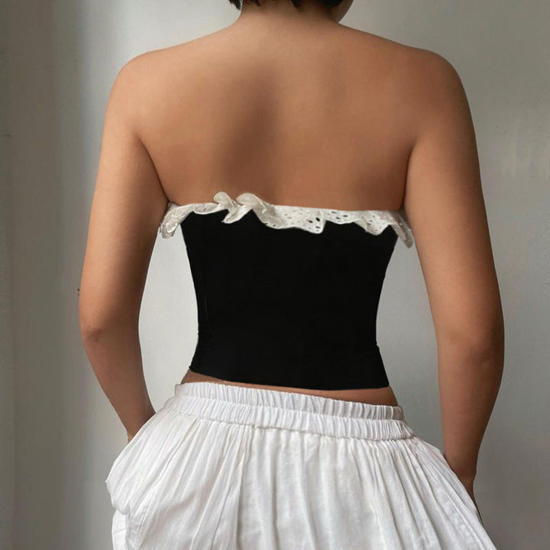 Contrast Color Wooden Ear Cross Strap Waist Tube Top Women