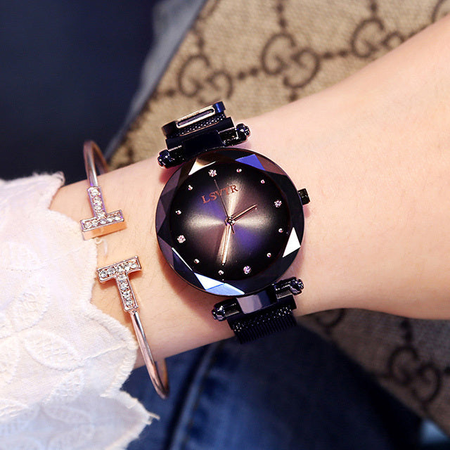 Slim Rose Gold Women's Diamond Starry Sky Magnet Strap Watch