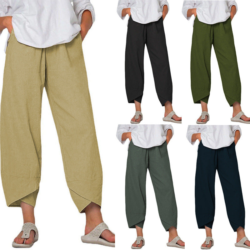 Women’s Cotton & Linen Wide-Leg Pants – Solid Color High-Waist Loose Casual Trousers