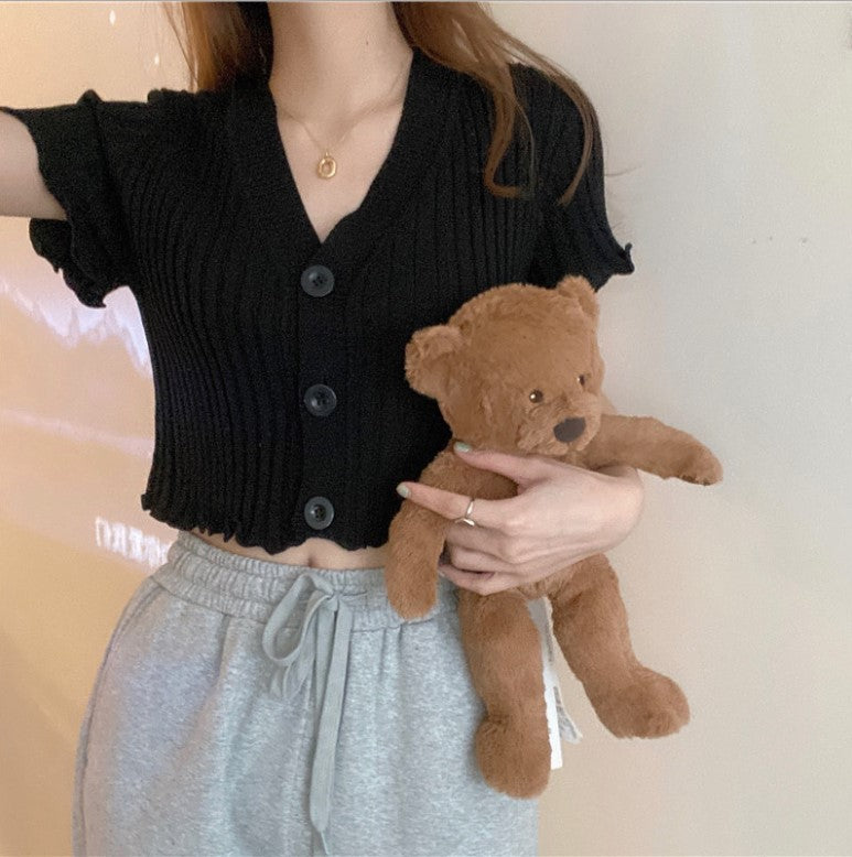 Knitted Crop Top with Ruffled Wood Ear Trim