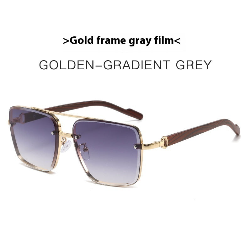 Metal Double Beam Frame Wood Grain Sunglasses