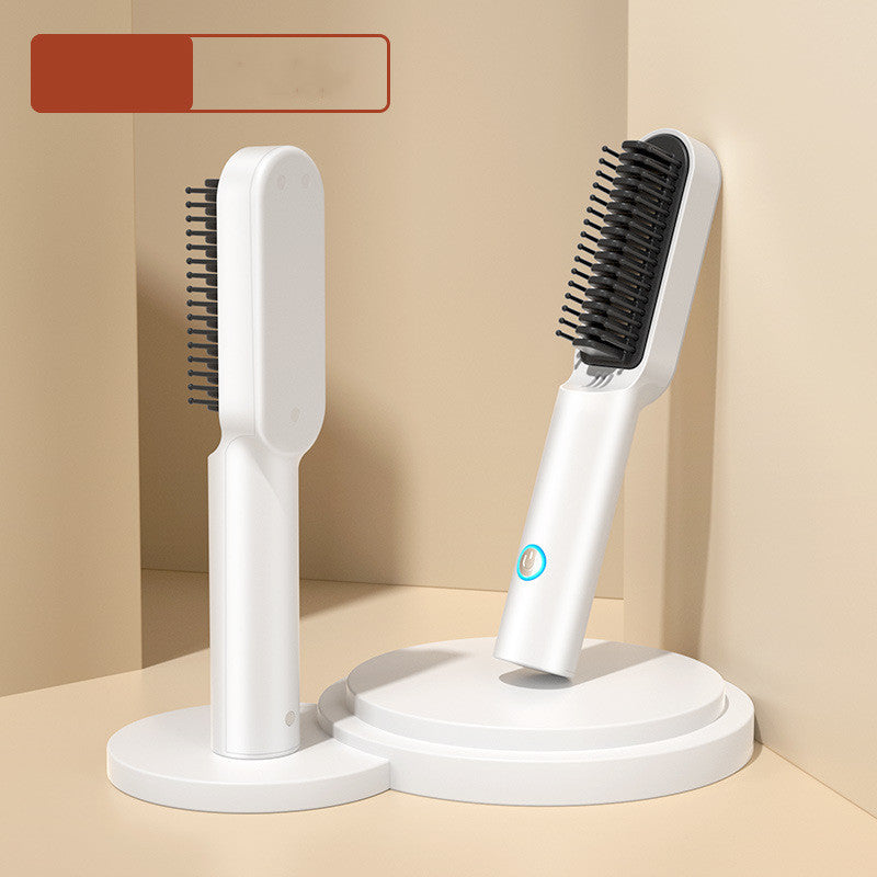 USB Rechargeable Hot Air Comb 2-in-1 Portable Hair Dryer Brush and Straightener Curler