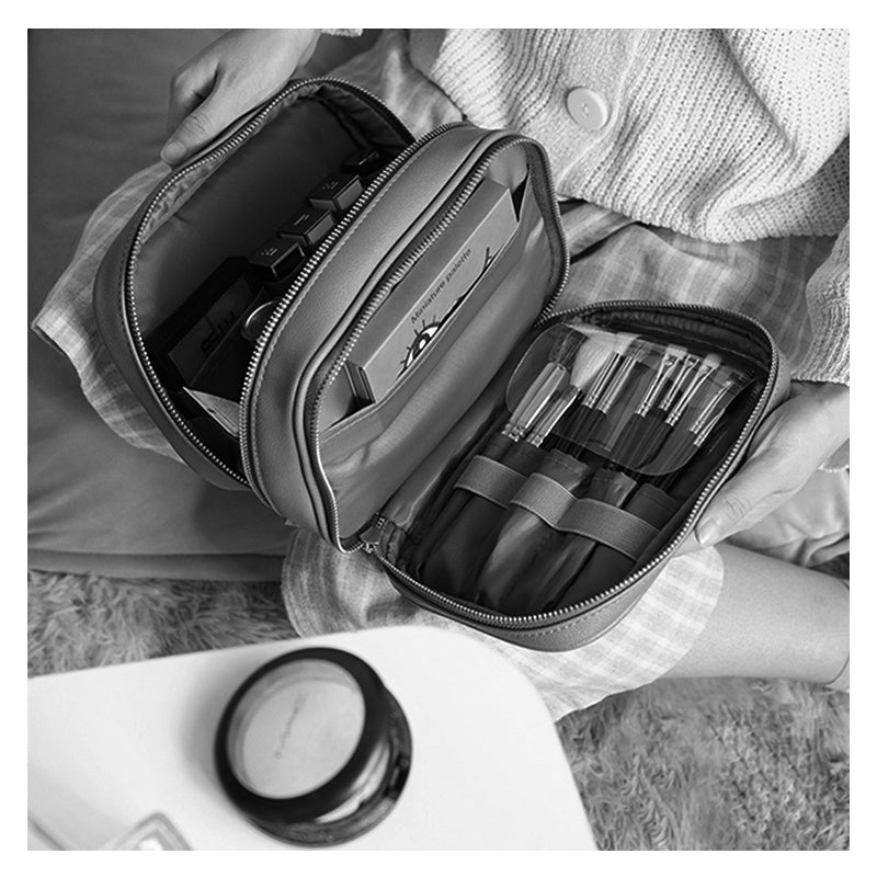 PU Leather Makeup Bag – Double Layer Storage with Mobile Phone Holder