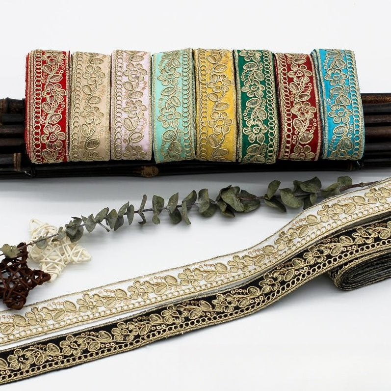 3cm Wide Ethnic Style Lace Chiffon with Golden Strand Embroidery – 10 Colors, Clothing Collar Accessories