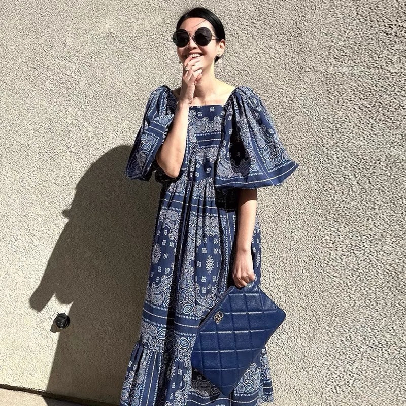 Printed Loose Casual Puff Sleeve Dress