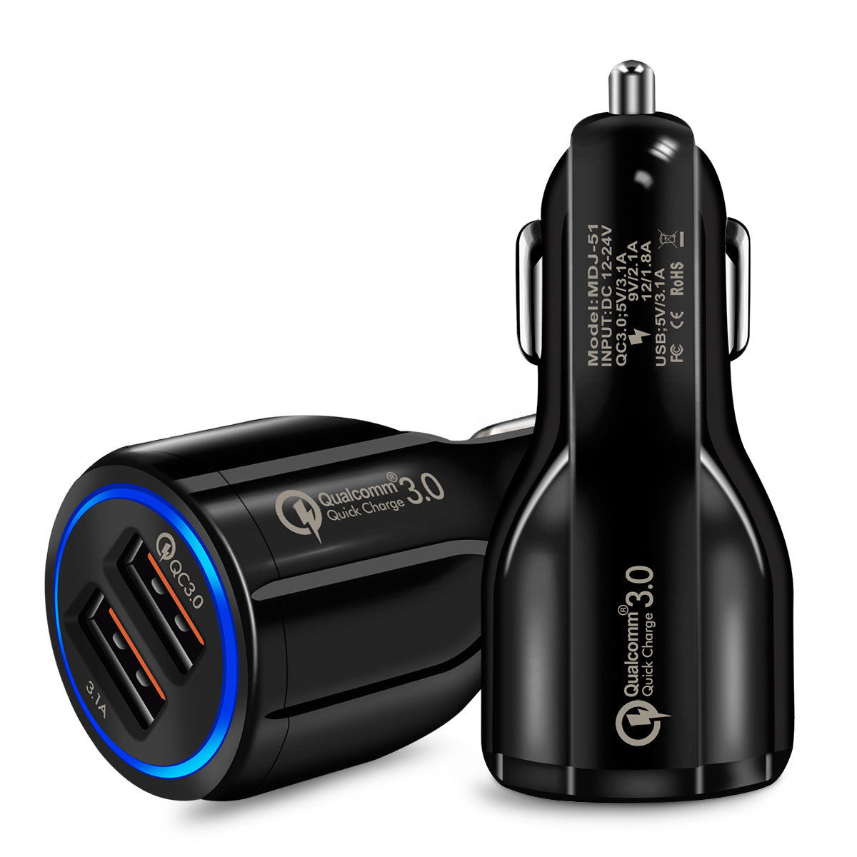 Mini Dual USB Car Charger – Quick Charge 3.0 Fast Charging Adapter for Mobile Phones (Qualcomm QC 3.0)
