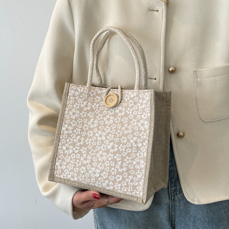 Unisex Western Style Lunch Box Bag Cotton Linen Floral