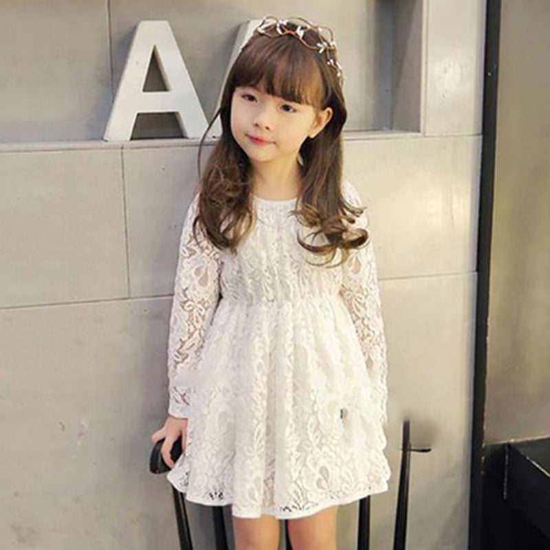 Girls Korean Long Sleeve Lace Round Neck Dress Princess Dress