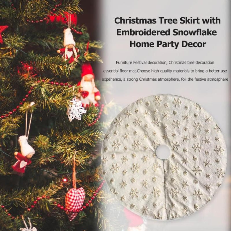 Golden Sequin Faux Rabbit Fur Embroidered Snowflake Tree Skirt