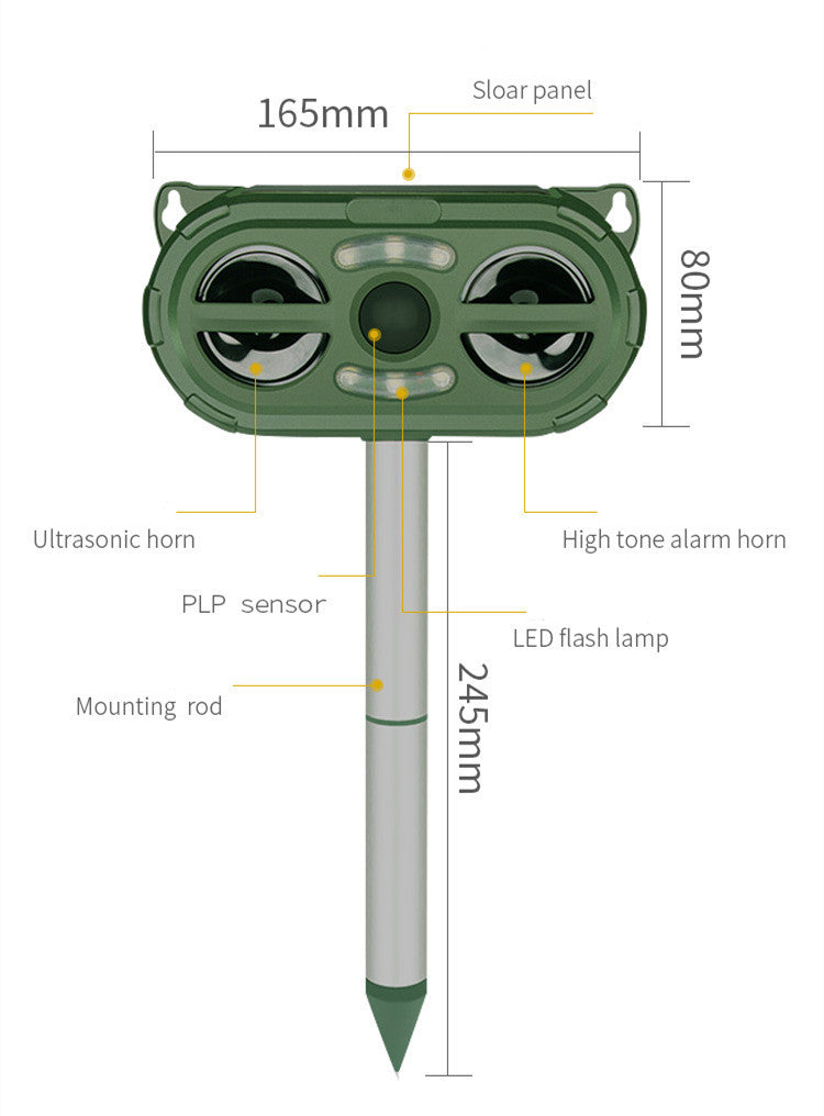 Solar Rechargeable Outdoor Ultrasonic Animal & Bird Repeller with Multi-Speed
