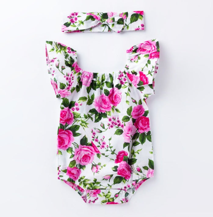 Cotton Baby Romper – Printed Infant Bodysuit with Small Flying Sleeves