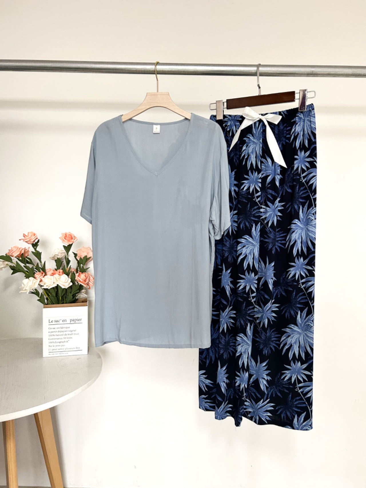 Summer Artificial Cotton Thin Short Sleeve Pants Loungewear Suit