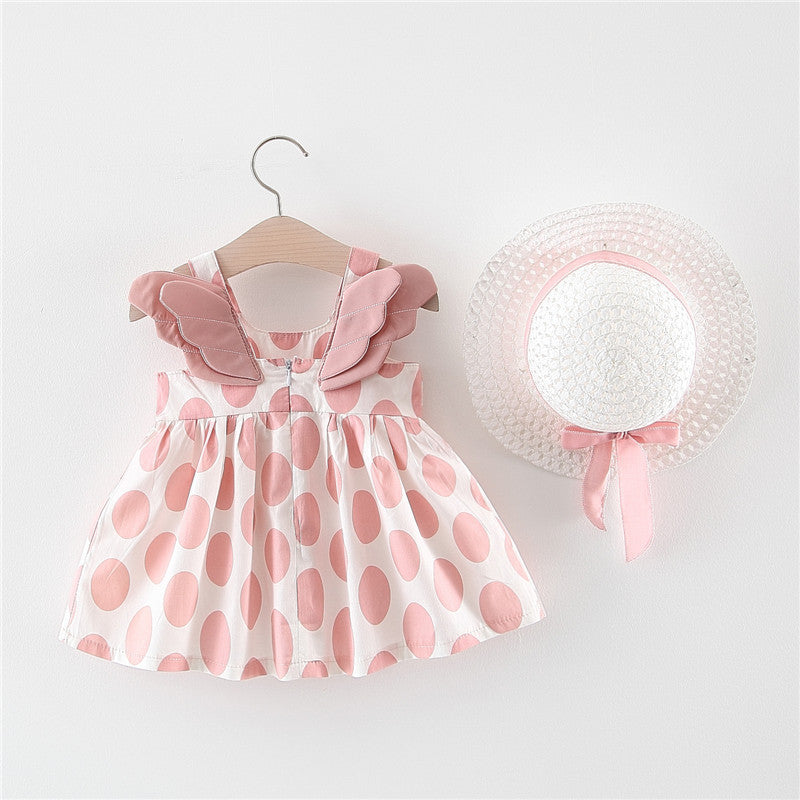 Summer New Girl's Big Dot Wings Princess Dress Hat Beach Dress