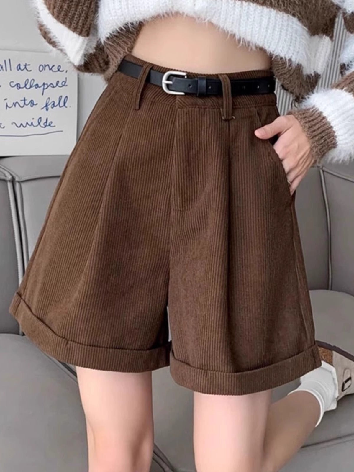 Women’s Brown Corduroy Shorts – Fashion High-Waist, Soft & Stylish