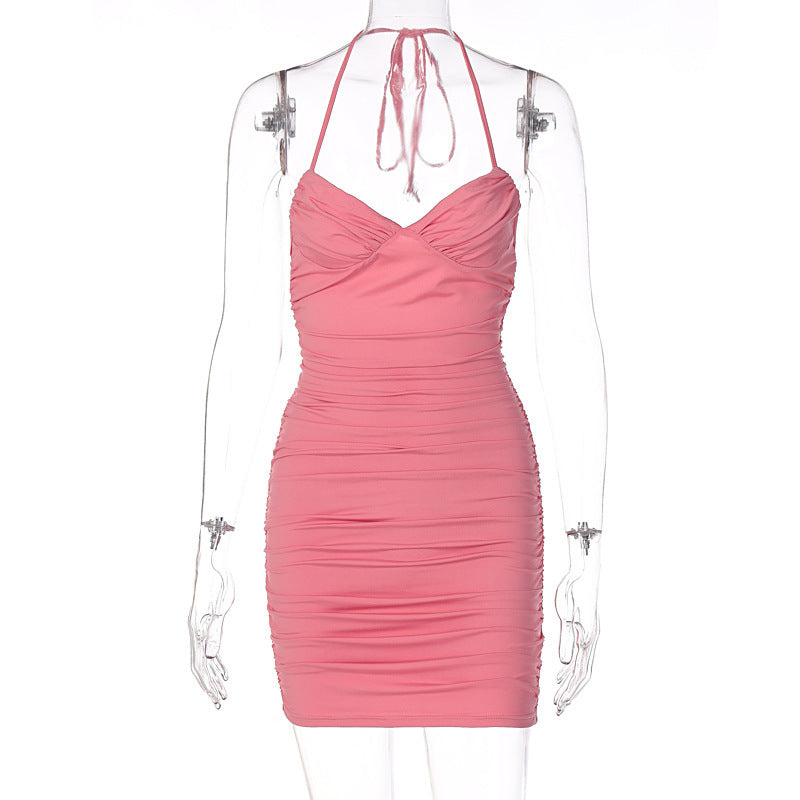 Womens Casual V Neck Pleated Lace Up Dress Polyester