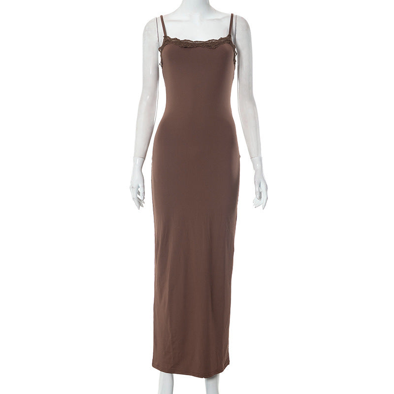 Women's Summer New Solid Color Casual Lace Backless Strap Slim Long Dress