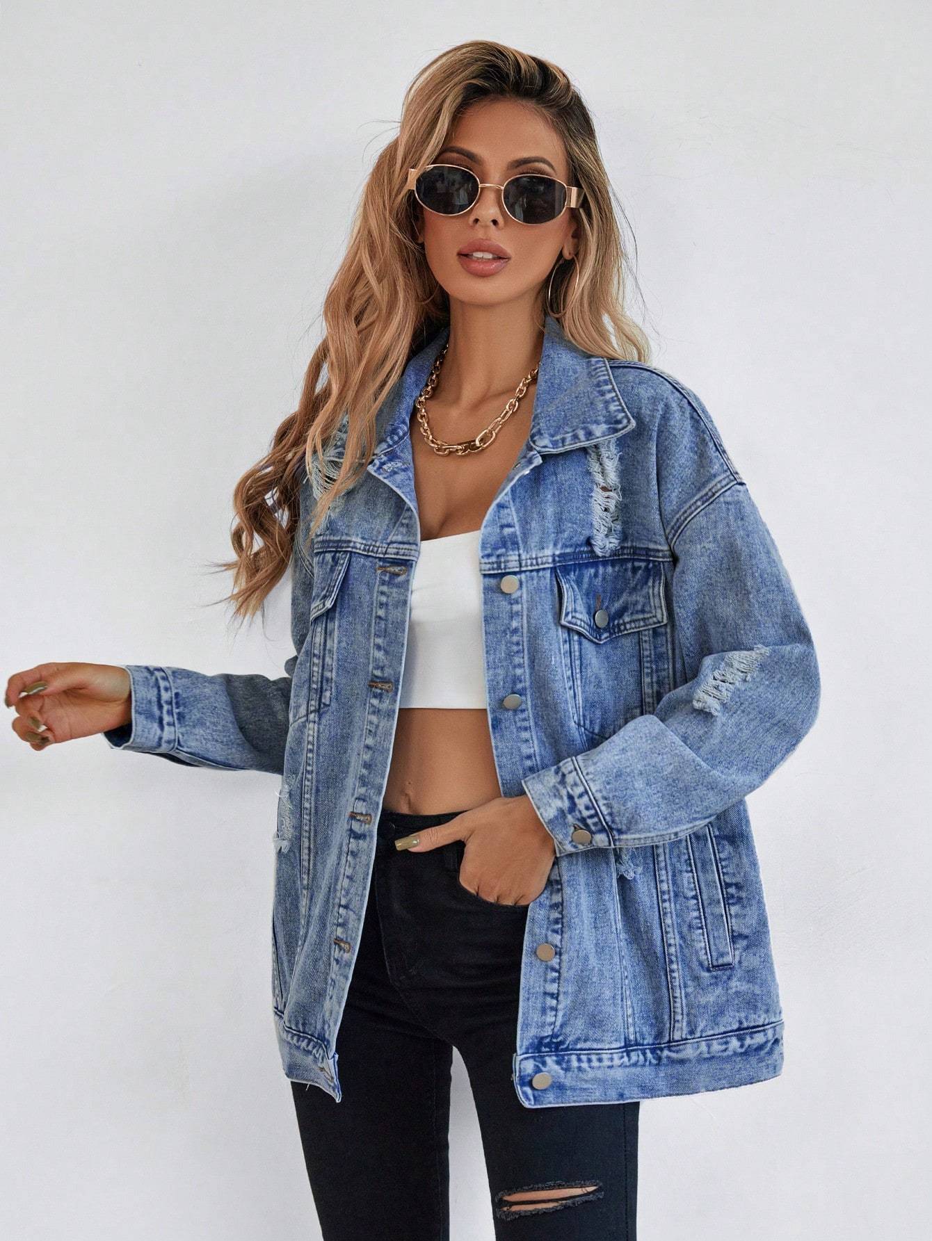 Unisex Drop Shoulder Denim Jacket Front Flap Pocket