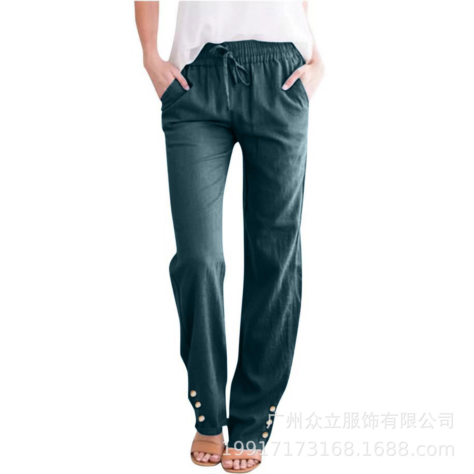 Women’s Cotton-Linen Casual Straight-Leg Pants with Straps