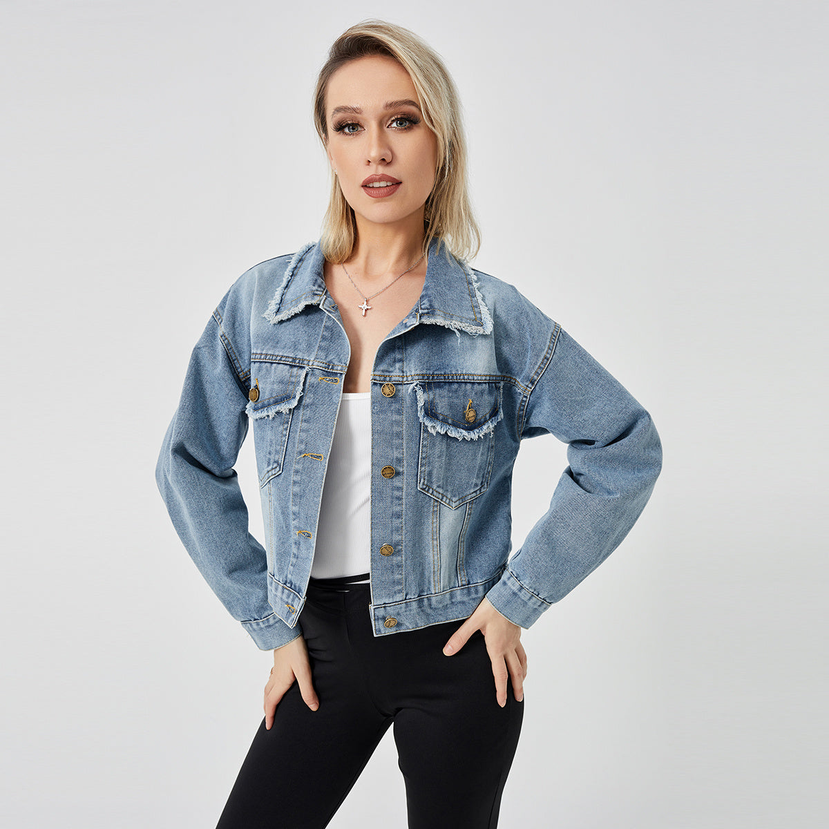 Women's Denim Jacket Long Sleeve Blue Fashion Essential Top