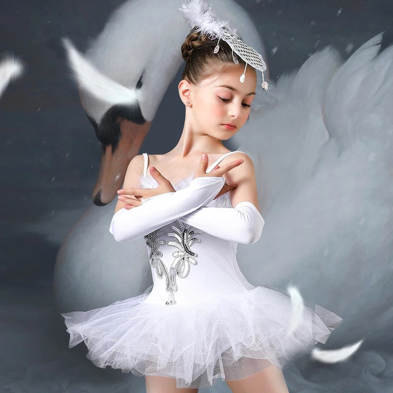 Kids Girls Sequined Ballet Tutu Dress Fashion Swan Dancewear Leotards Ballerina Costume With Headwear Pair Bracelets