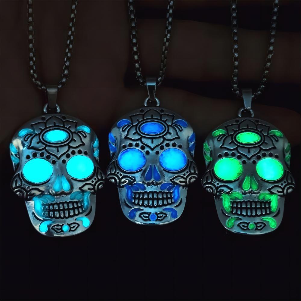 Halloween Luminous Skull Necklace – Day of the Dead Lotus Pattern Clavicle Pendant Jewelry Accessory