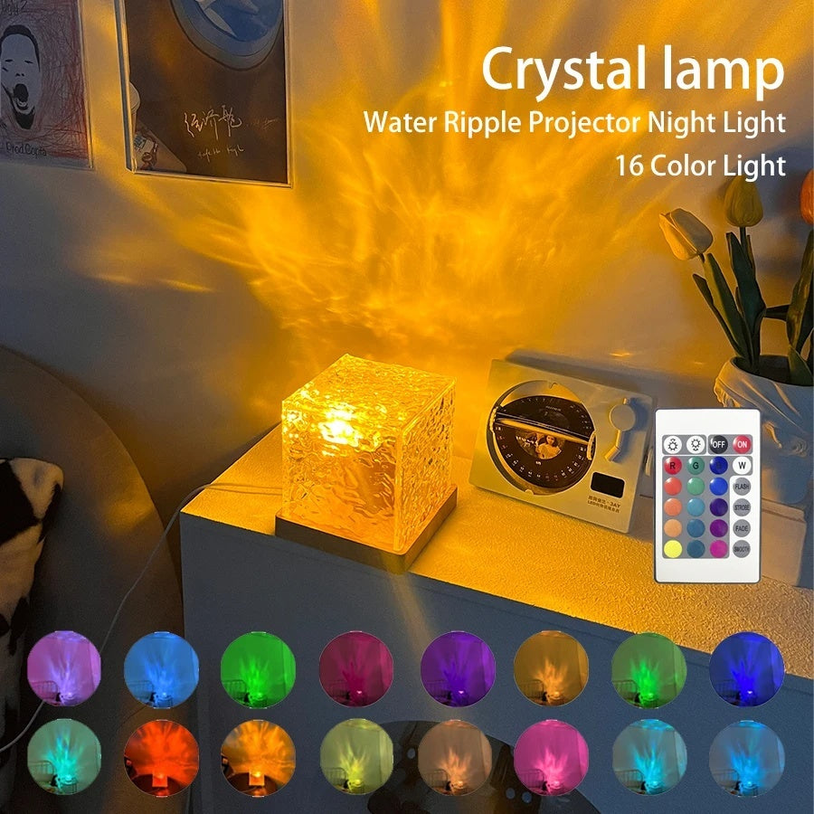 LED Water Ripple Projection Crystal Table Lamp with RGB Dimmable Ambient Night Light