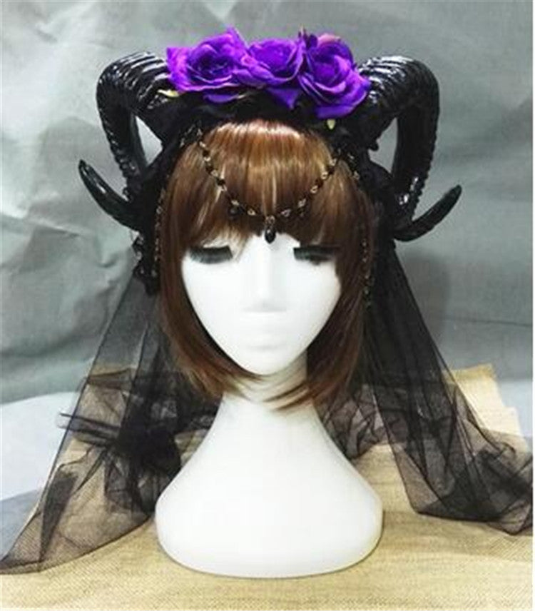 Three Roses Headband Halloween Vampire Demonsheep Horn Veil Hair Accessories