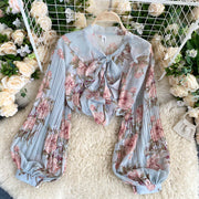 French Retro Girly Age-reducing Blouse Women V-neck Bow Tie Lantern Long-sleeved Pure Printed Western Style Shirt Women