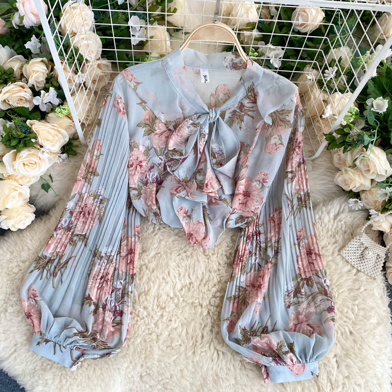 Women's Lantern Sleeve V Neck Bow Tie Printed Cotton Blouse