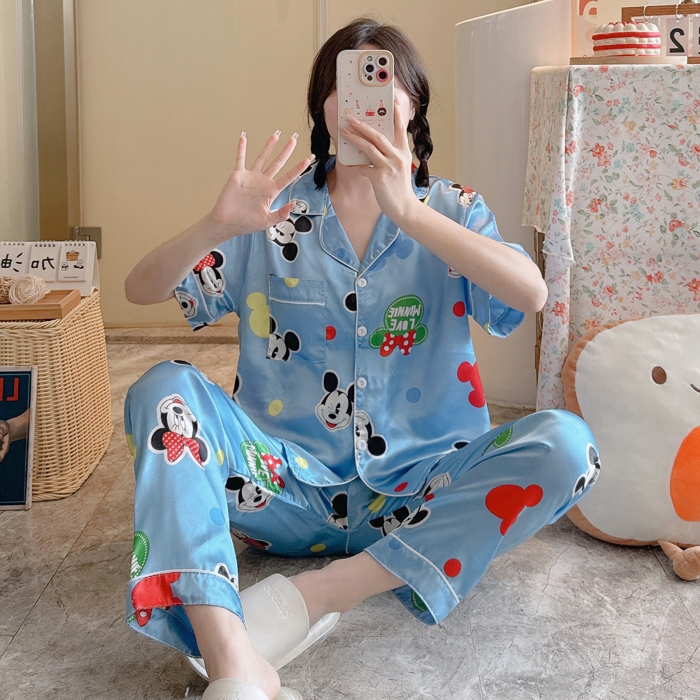 Summer Casual Short Sleeve Comfortable Lapel Ice Silk Home Wear Women
