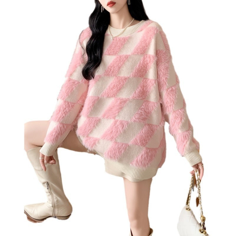 Design Rhombus Flocking Crew Neck Pullover Sweater Women