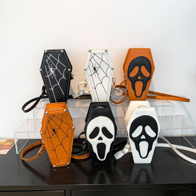 Halloween Coffin-Shaped Shoulder Bag – Gothic Spider Web Crossbody Messenger Purse