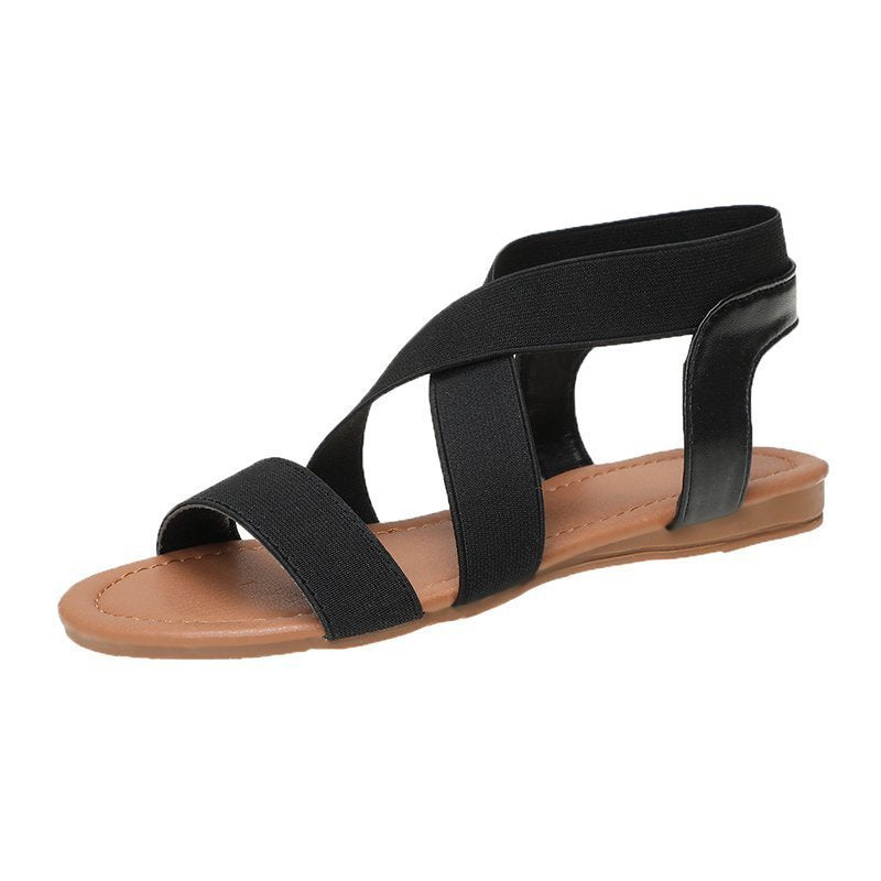 Solid Color Flat Heel Cross Elastic Band Flat Roman Style Sandals