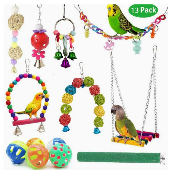Parrot Toy Set – 10-Piece Wooden Beads, Rotating Ladder, Swing, Stand, Chewing Balls, and Climbing Accessories