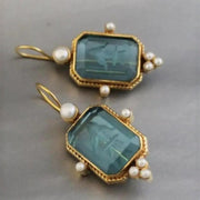 Hexagon Green Crystal Stone Earlobe Inlaid With Pearl