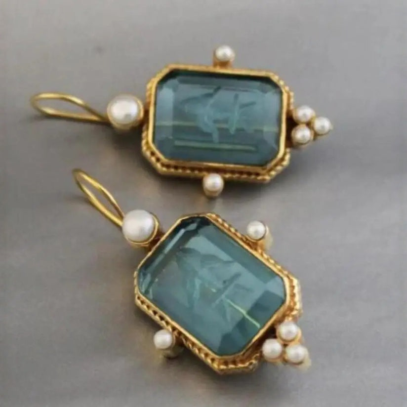 Womens Geometric Hexagon Green Crystal Pearl Alloy Earrings