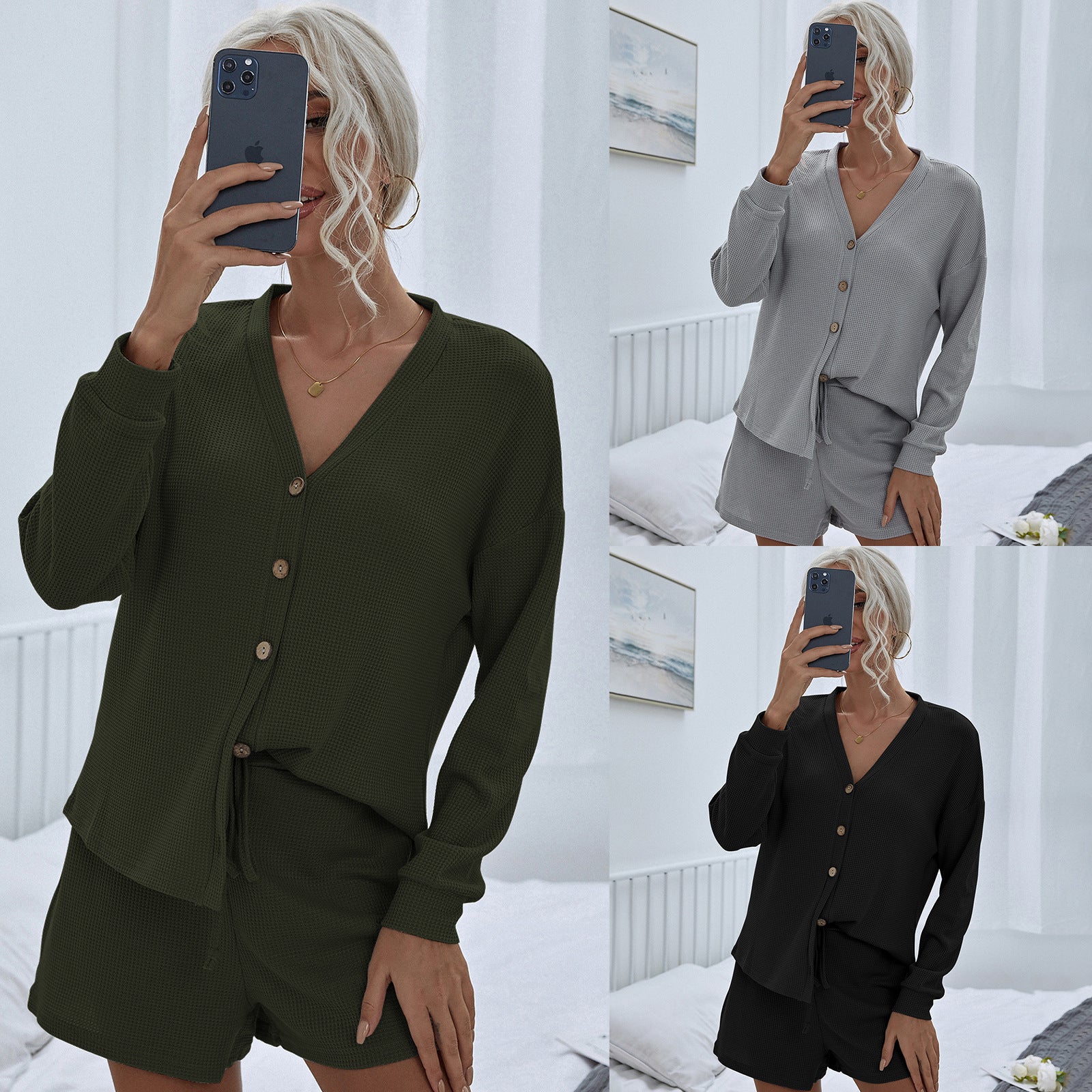 Waffle Polyester Two Piece Loungewear Pants Set Unisex