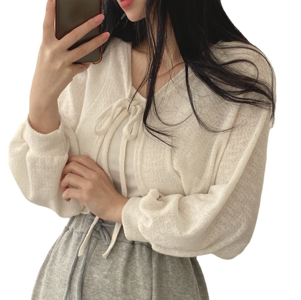 Retro Design Lace-up Lantern Sleeve Short Thin Cardigan Jacket Women
