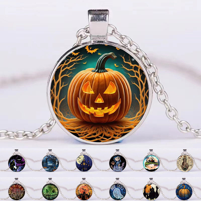 Halloween Pumpkin Ghost Bat Necklace – Round Clavicle Pendant Jewelry for Men and Women