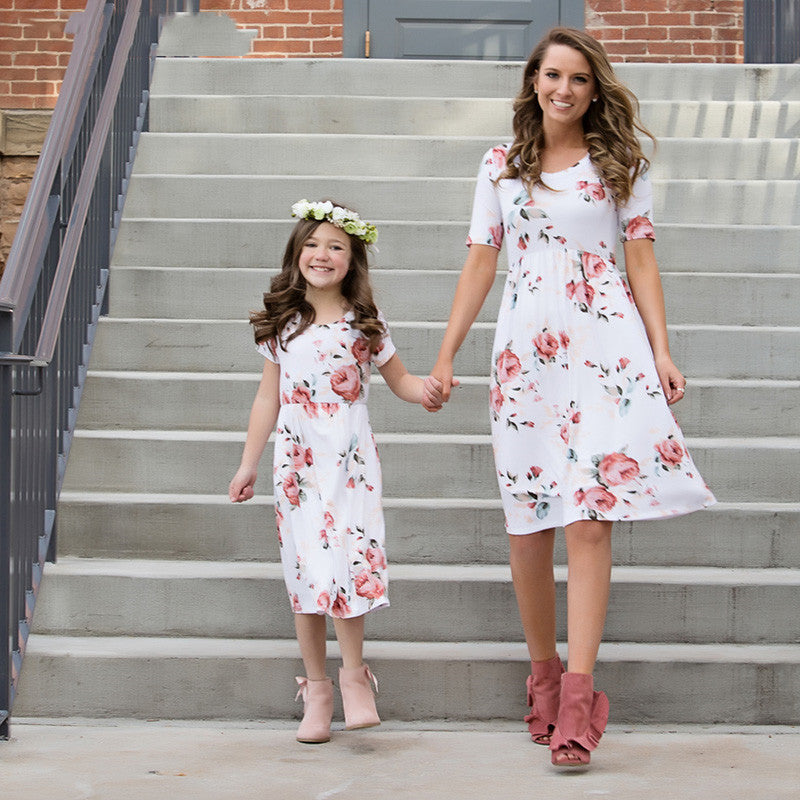New Parent-Child Digital Print White Dress