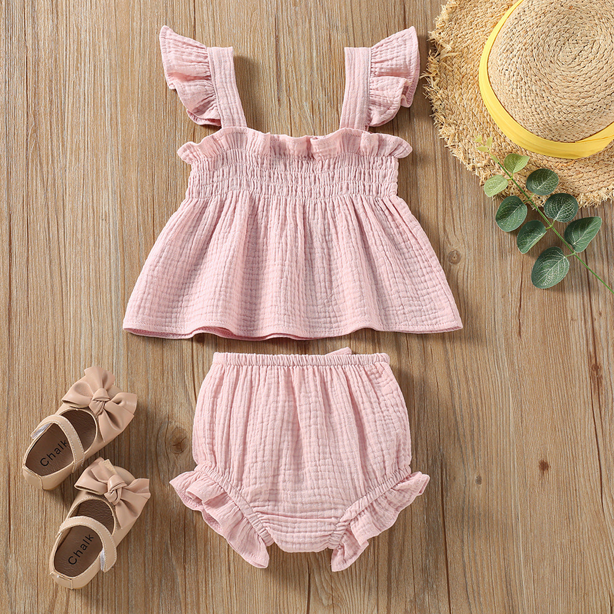 Girls’ Solid Color Sling Top with Hot Pants – Summer Baby Outfit Set