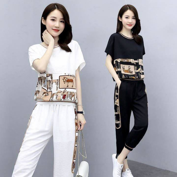 Women’s Plus Size Fashion Sports Two-Piece Set – Short Sleeve Top and Pants